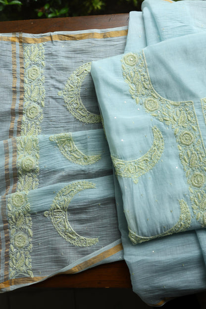 Blue Shade Crescent Chandbala Chikankari Unstitched Fabric