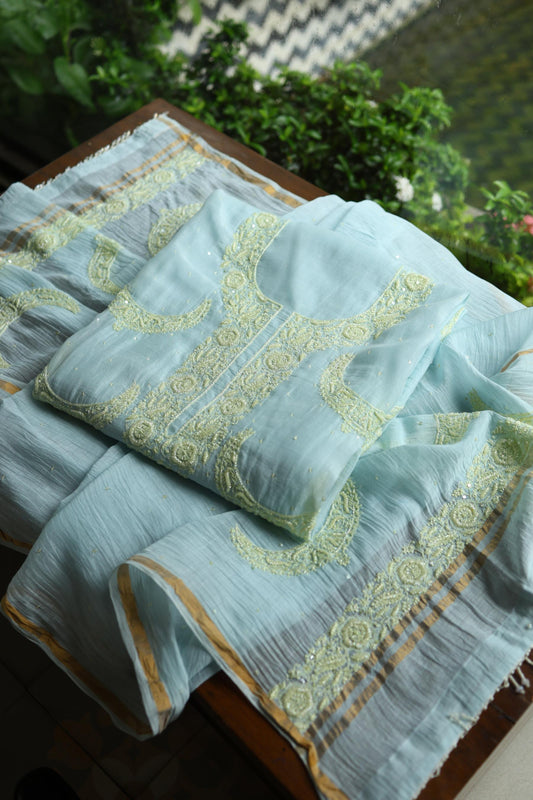 Blue Shade Crescent Chandbala Chikankari Unstitched Fabric