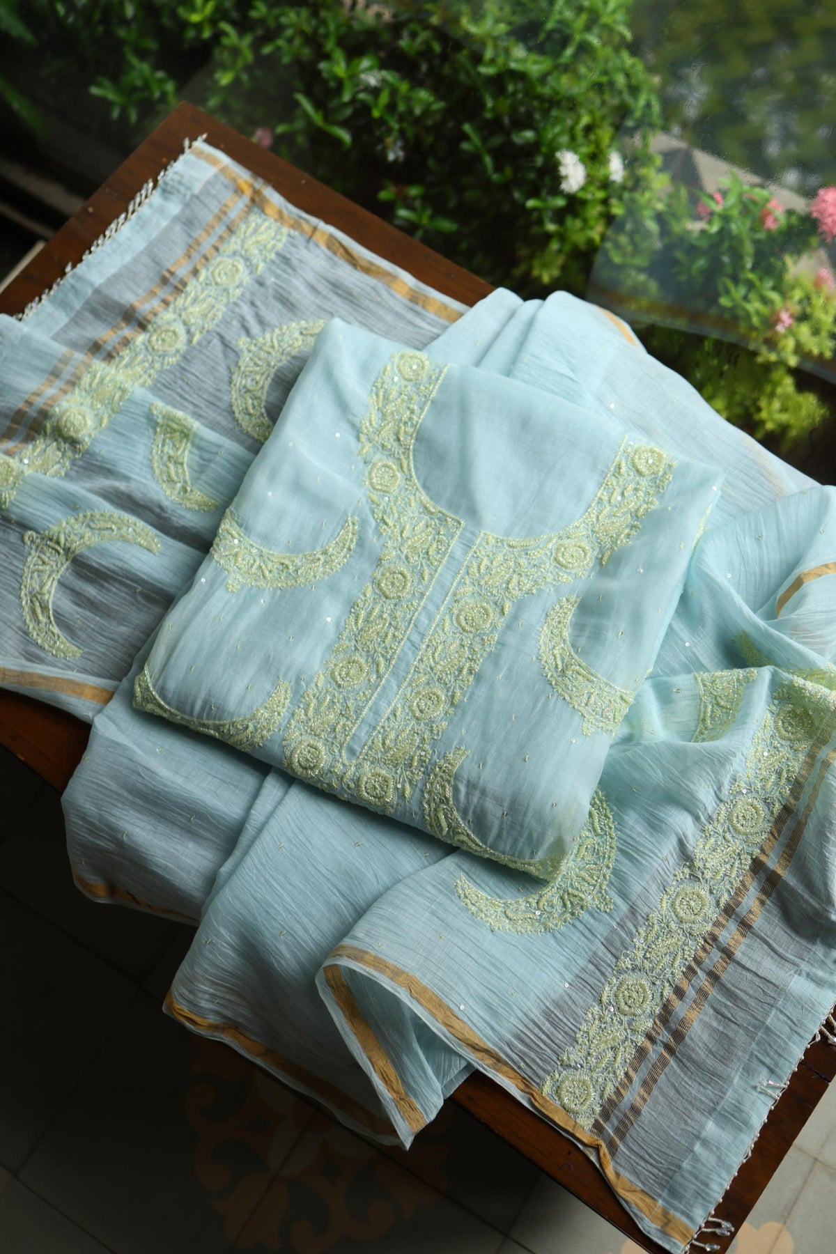 Blue Shade Crescent Chandbala Chikankari Unstitched Fabric