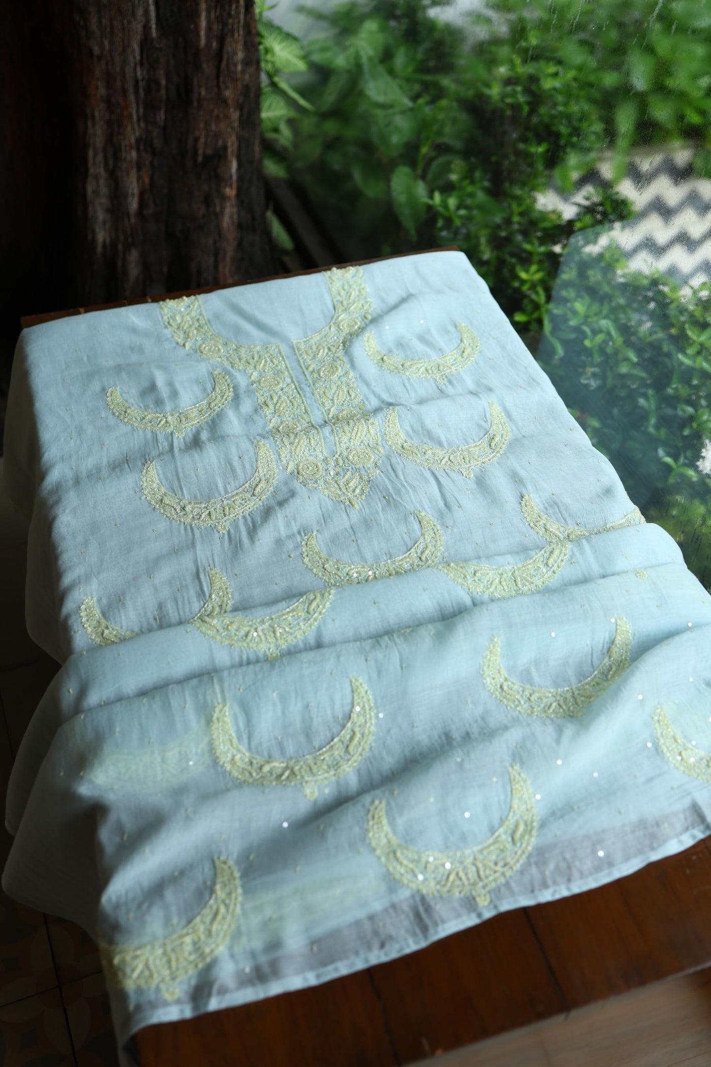 Blue Shade Crescent Chandbala Chikankari Unstitched Fabric