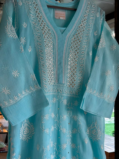 Blue Shade Floral Kota Chikankari Ready To Wear Straight Kurta With Slip