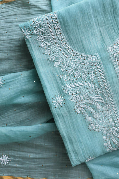 Blue Shade Mal Cotton Chikankari Unstitched Fabric