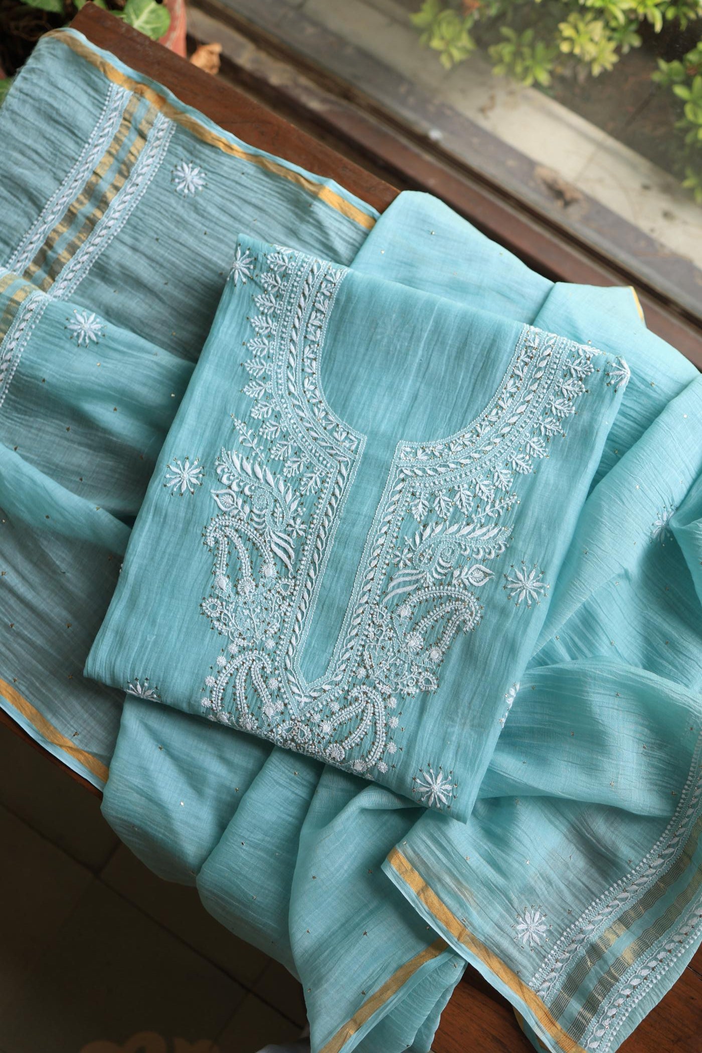 Blue Shade Mal Cotton Chikankari Unstitched Fabric