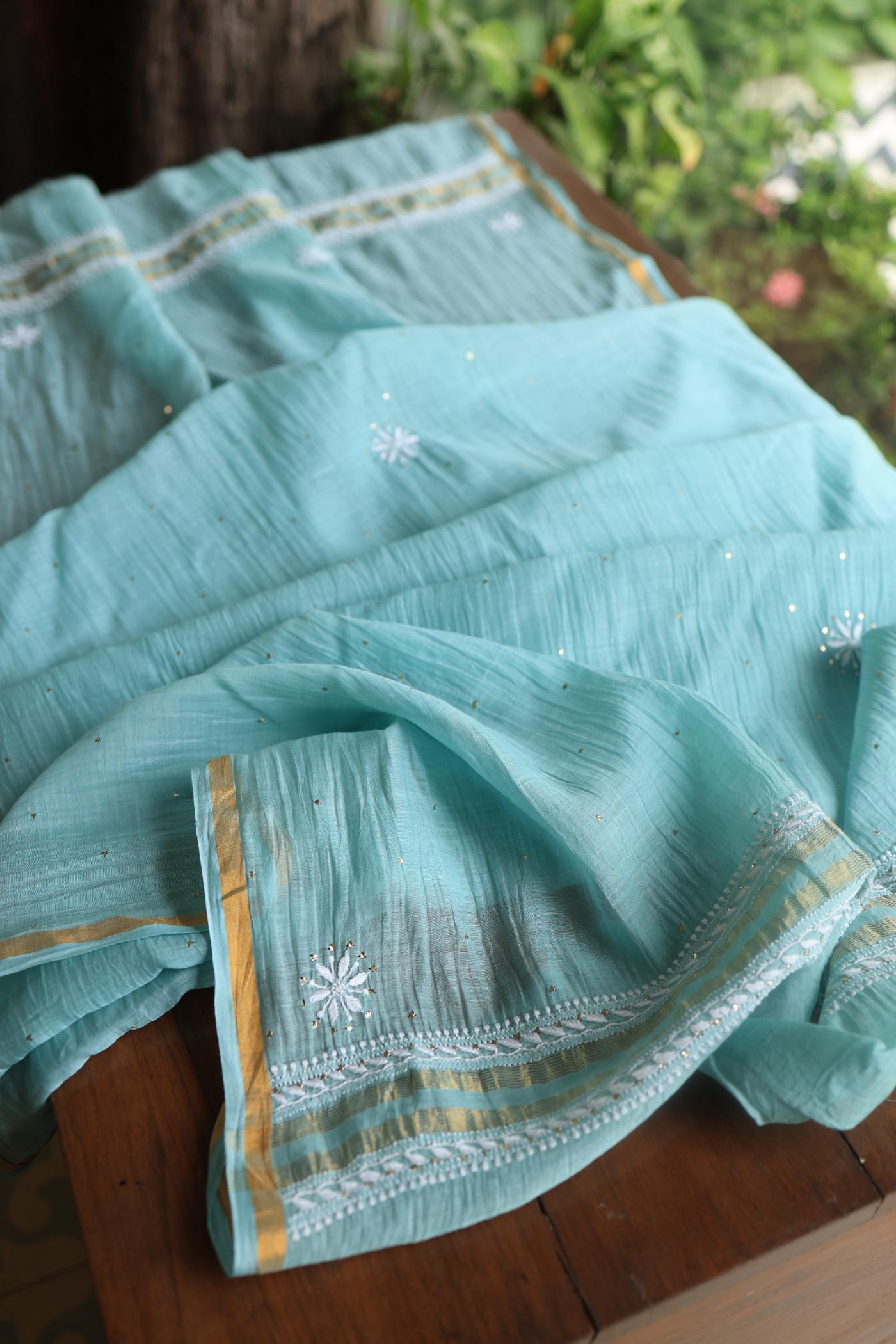 Blue Shade Mal Cotton Chikankari Unstitched Fabric