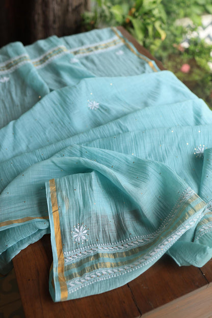 Blue Shade Mal Cotton Chikankari Unstitched Fabric
