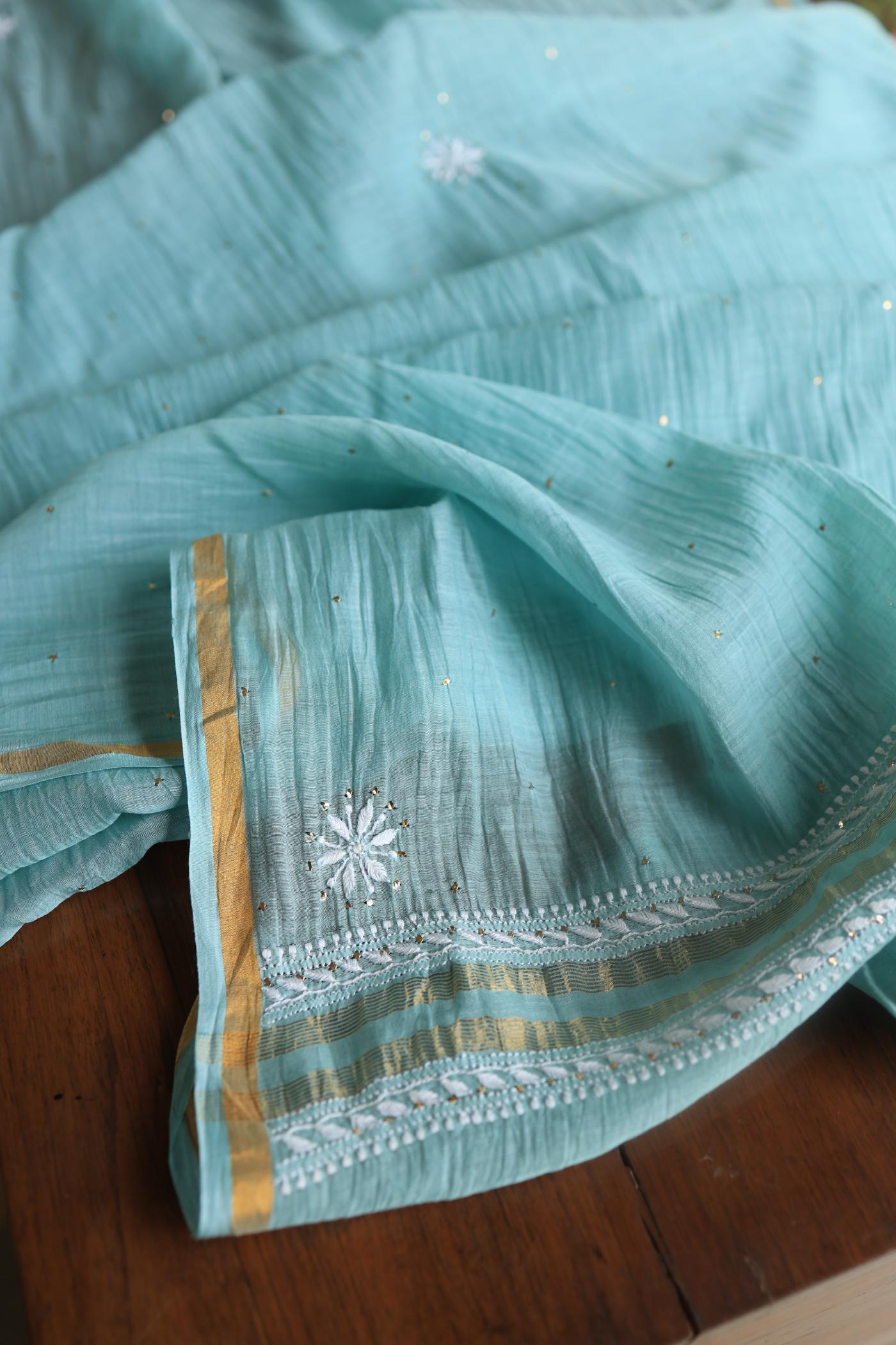 Blue Shade Mal Cotton Chikankari Unstitched Fabric