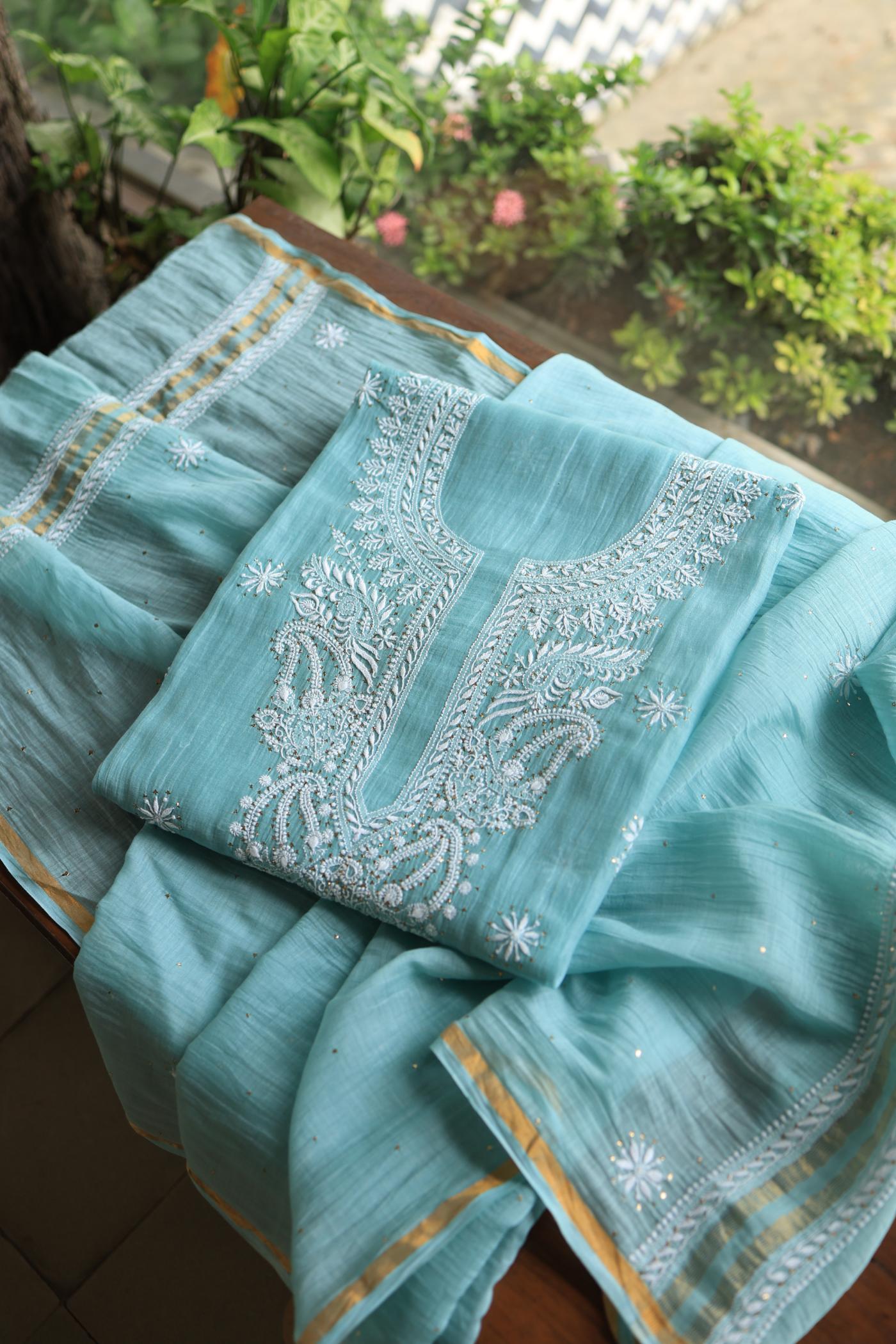 Blue Shade Mal Cotton Chikankari Unstitched Fabric
