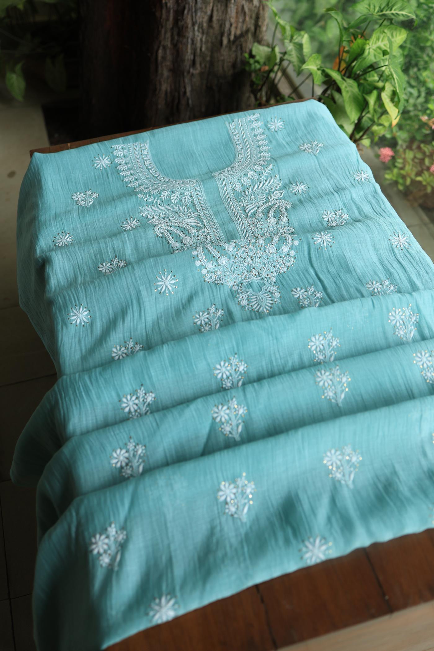 Blue Shade Mal Cotton Chikankari Unstitched Fabric