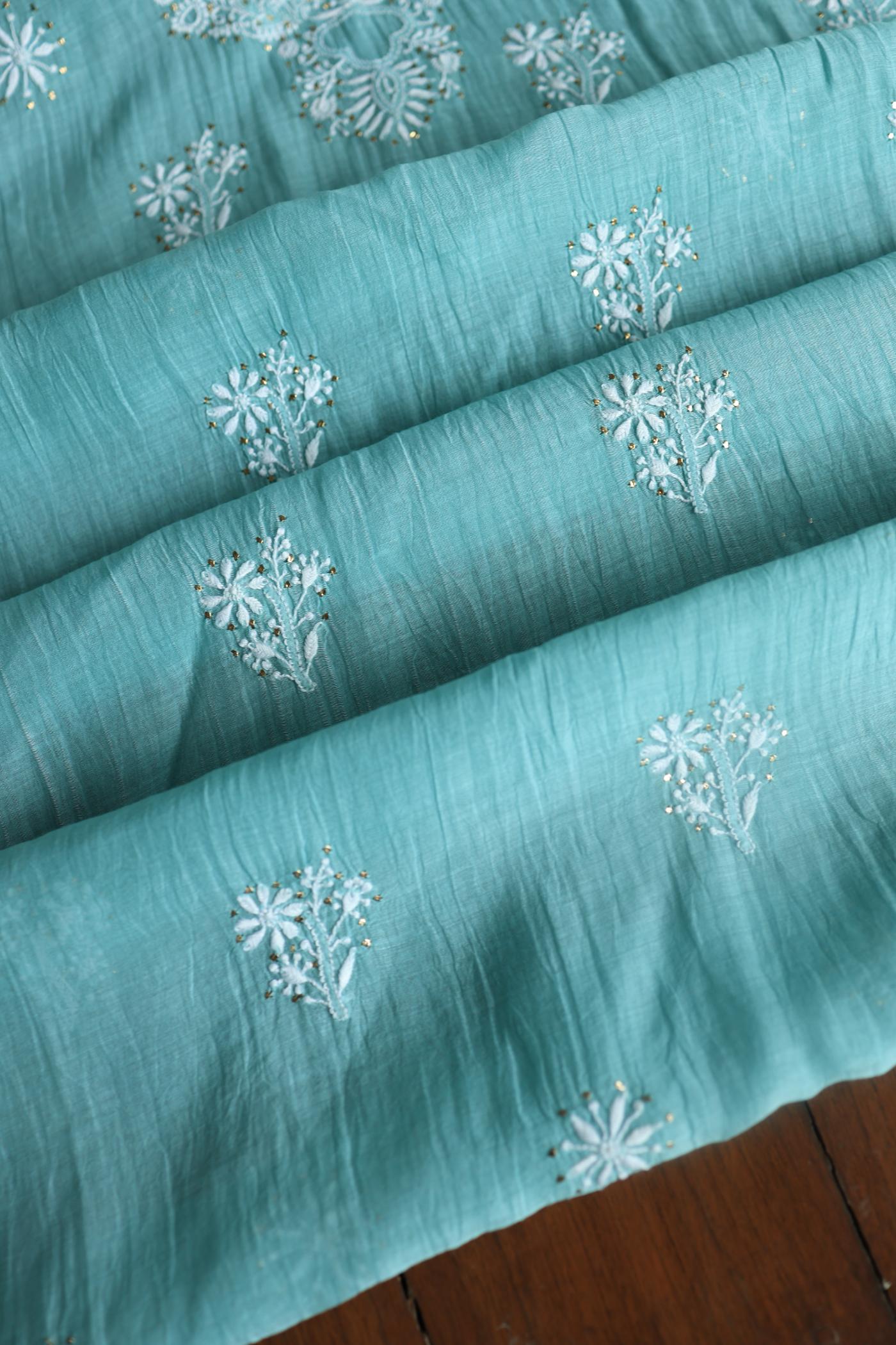 Blue Shade Mal Cotton Chikankari Unstitched Fabric