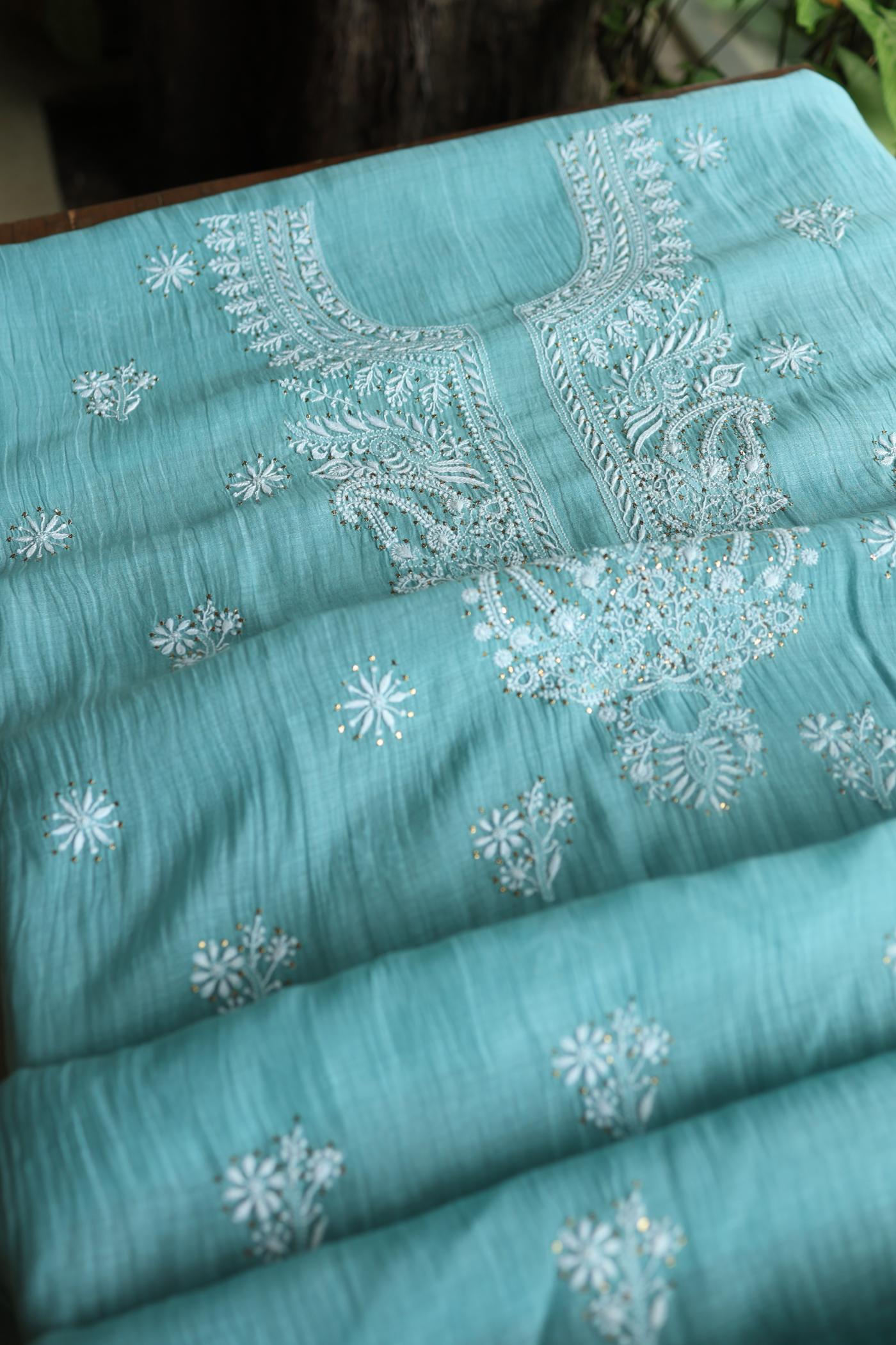 Blue Shade Mal Cotton Chikankari Unstitched Fabric
