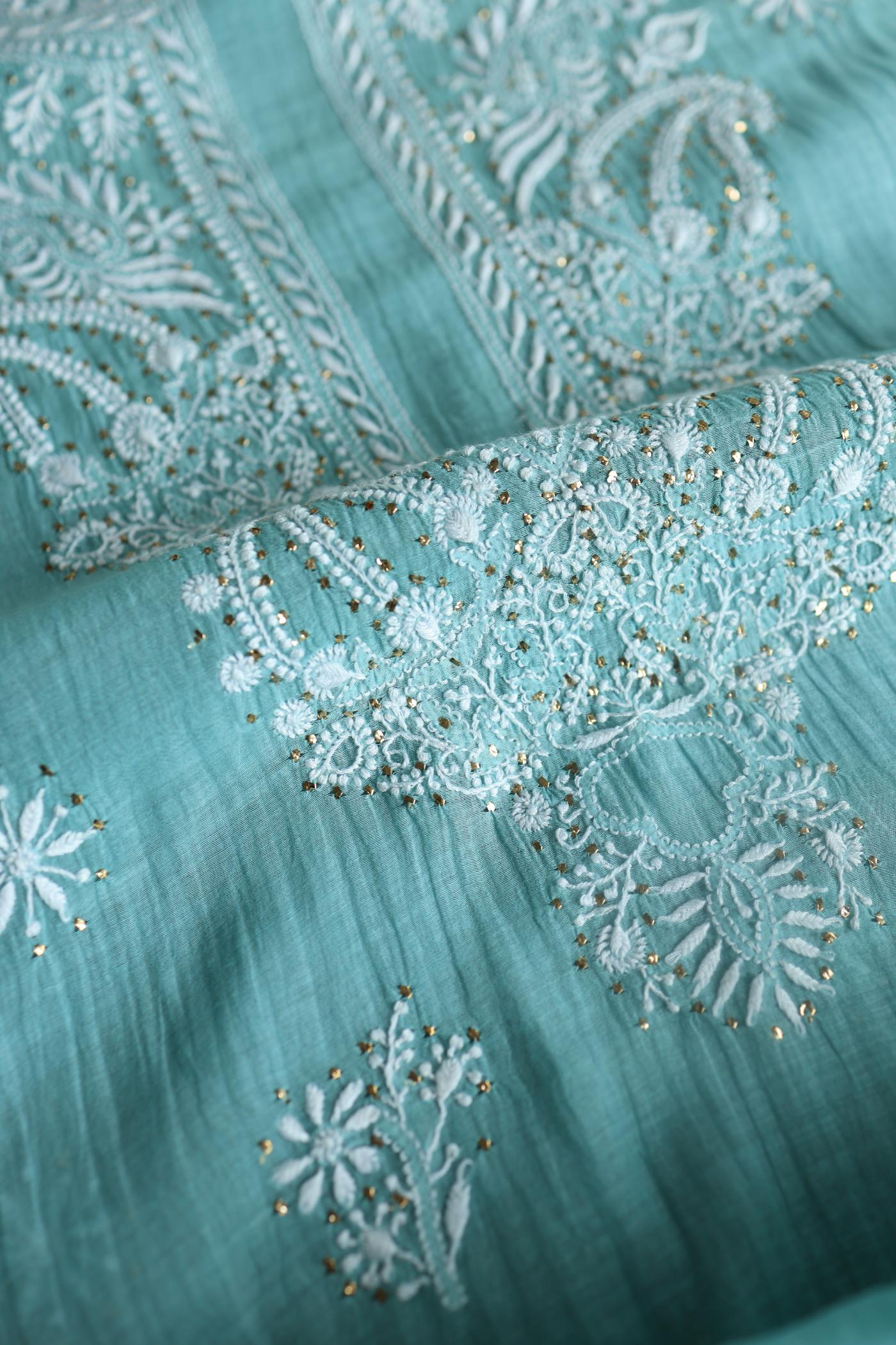 Blue Shade Mal Cotton Chikankari Unstitched Fabric