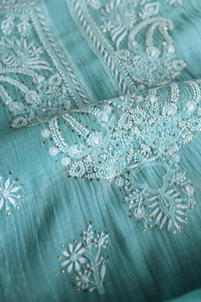 Blue Shade Mal Cotton Chikankari Unstitched Fabric