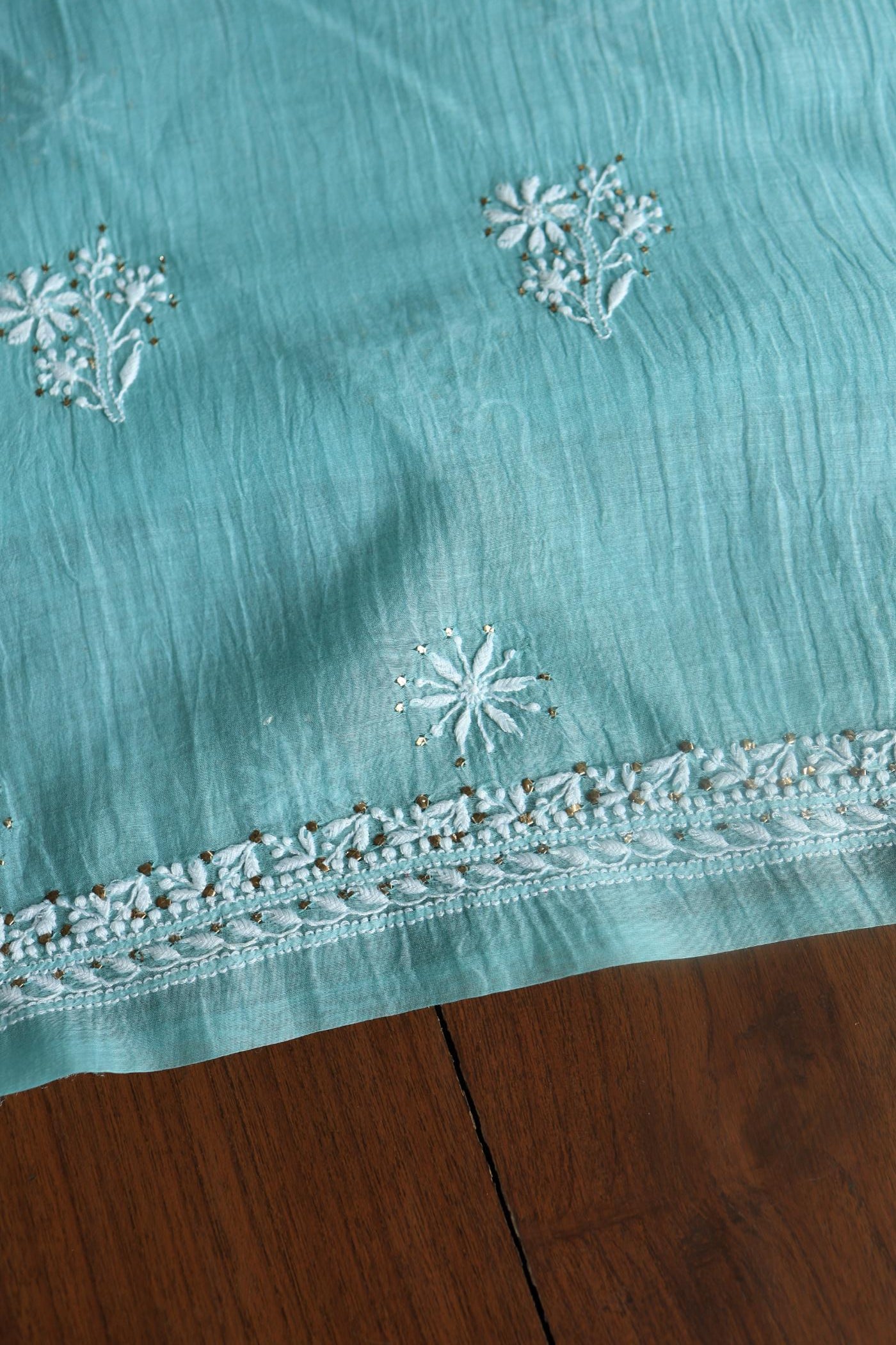 Blue Shade Mal Cotton Chikankari Unstitched Fabric