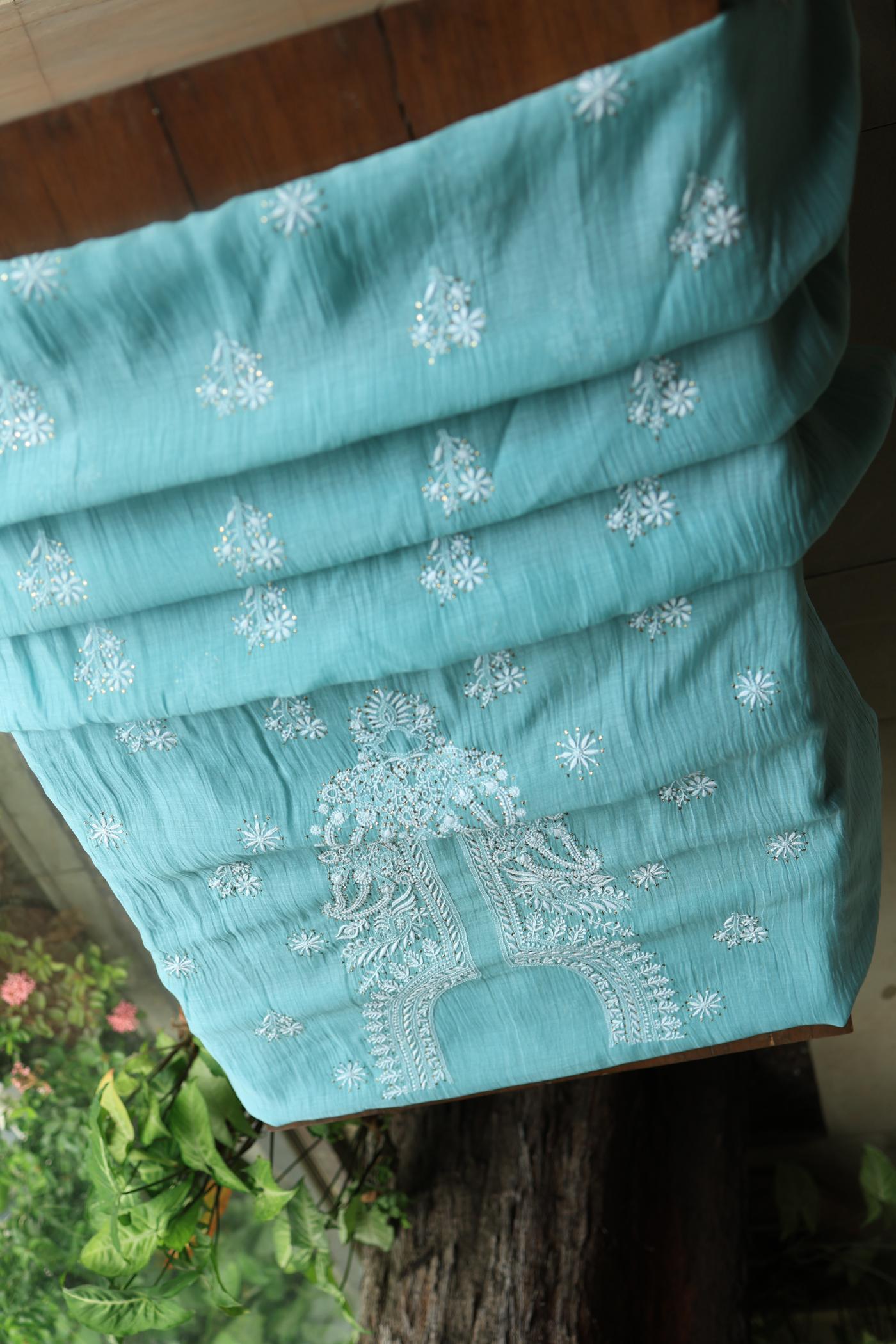 Blue Shade Mal Cotton Chikankari Unstitched Fabric