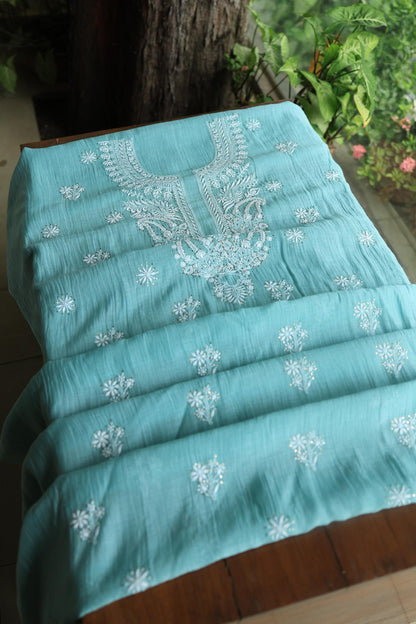 Blue Shade Mal Cotton Chikankari Unstitched Fabric