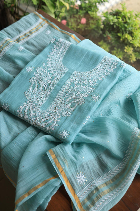 Blue Shade Mal Cotton Chikankari Unstitched Fabric
