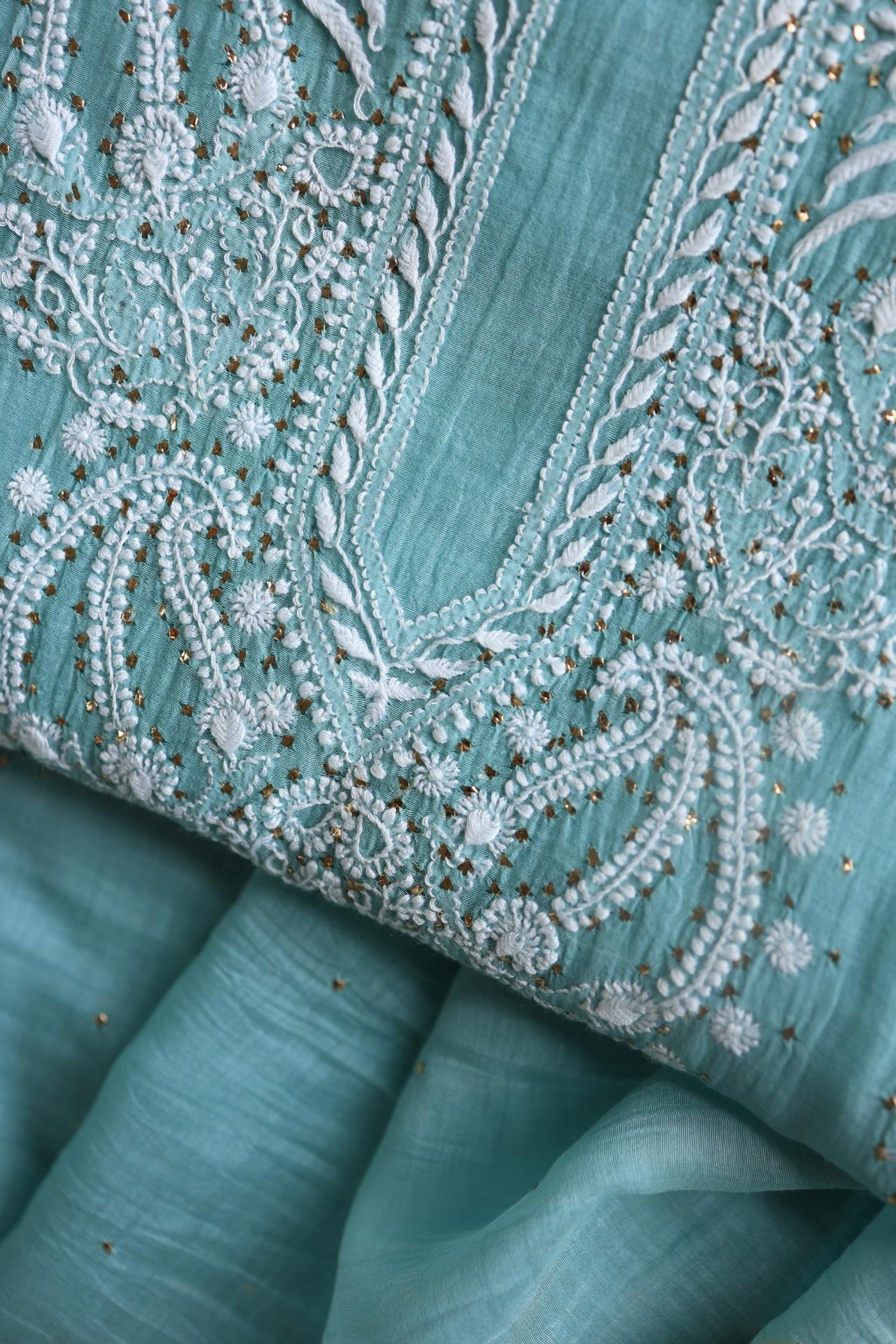 Blue Shade Mal Cotton Chikankari Unstitched Fabric