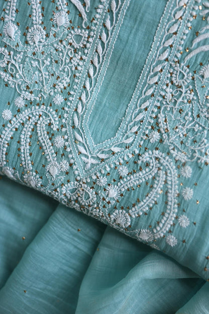 Blue Shade Mal Cotton Chikankari Unstitched Fabric