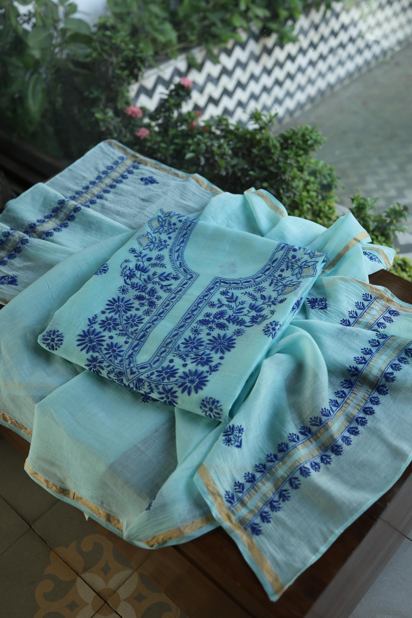 Blue Shade Mal Cotton Chikankari Unstitched Kurta Dupatta Fabric With Kamdani