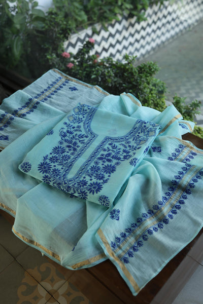 Blue Shade Mal Cotton Chikankari Unstitched Kurta Dupatta Fabric With Kamdani