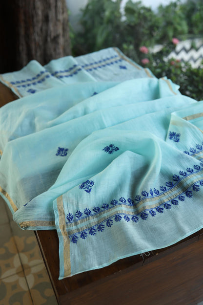 Blue Shade Mal Cotton Chikankari Unstitched Kurta Dupatta Fabric With Kamdani