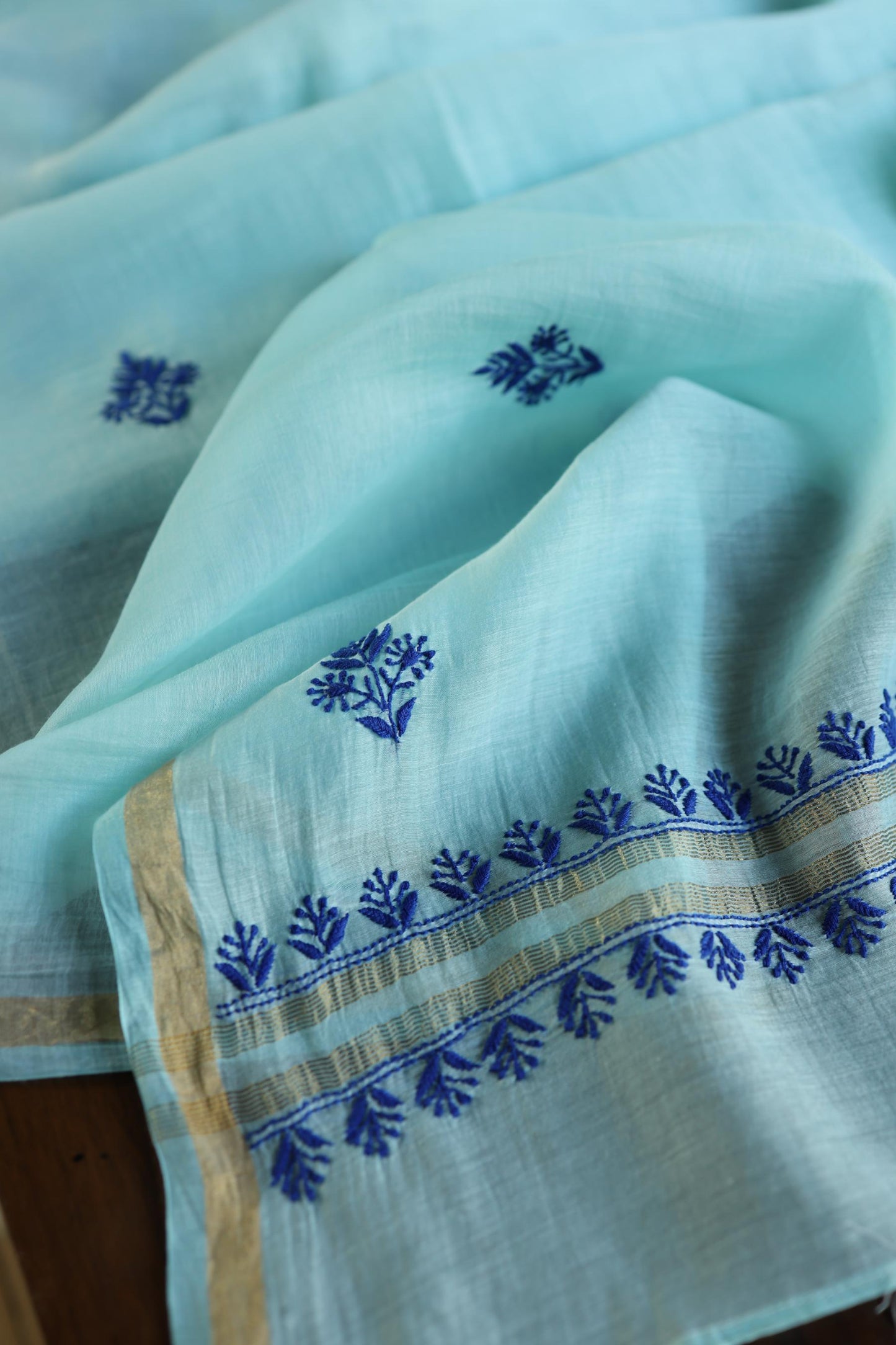 Blue Shade Mal Cotton Chikankari Unstitched Kurta Dupatta Fabric With Kamdani