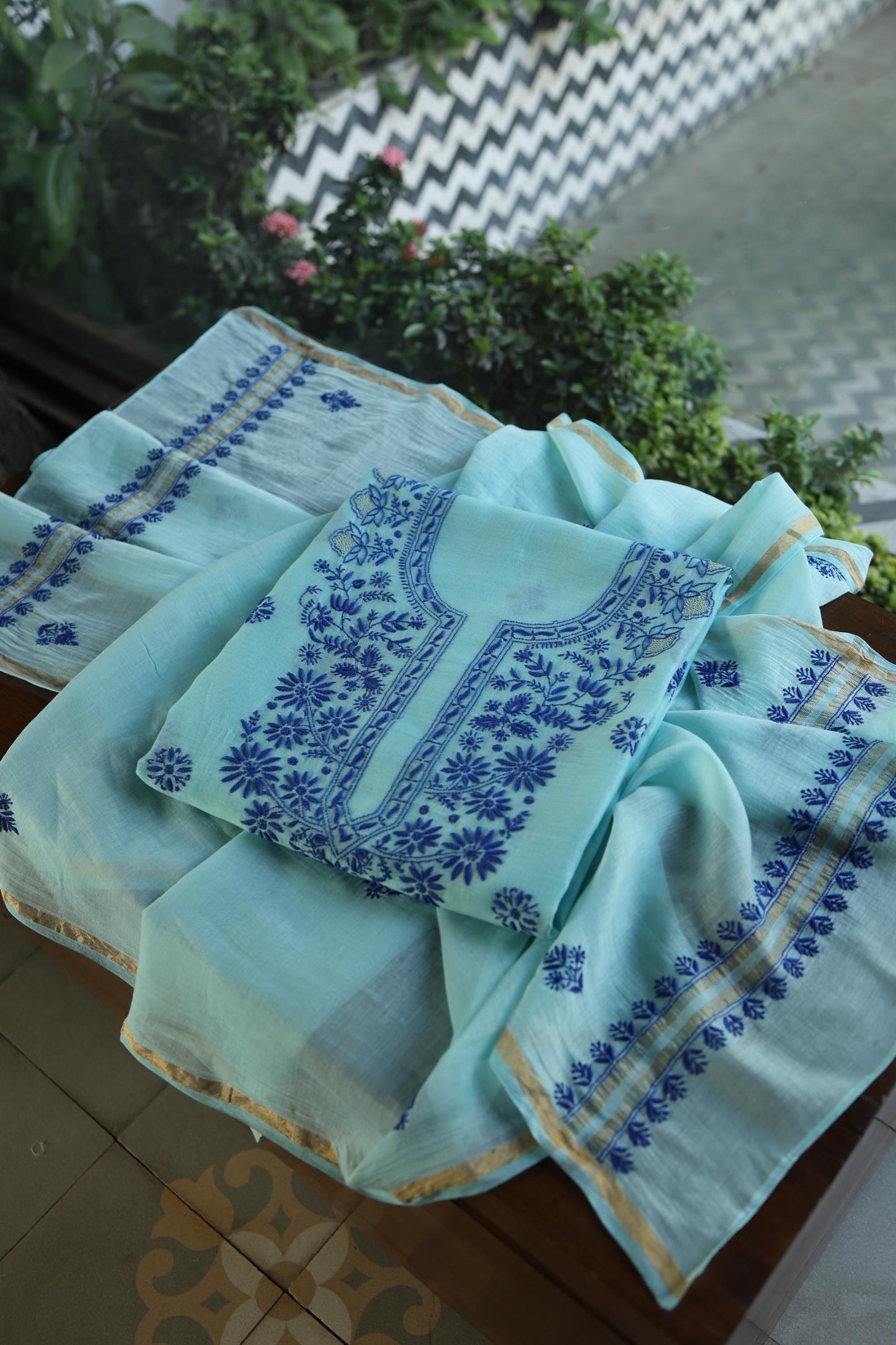 Blue Shade Mal Cotton Chikankari Unstitched Kurta Dupatta Fabric With Kamdani