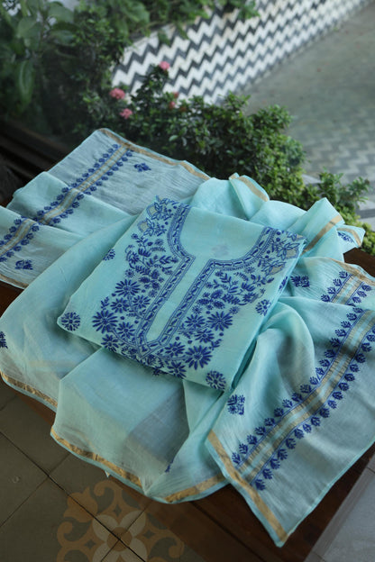 Blue Shade Mal Cotton Chikankari Unstitched Kurta Dupatta Fabric With Kamdani