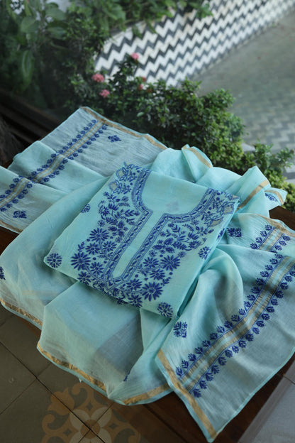Blue Shade Mal Cotton Chikankari Unstitched Kurta Dupatta Fabric With Kamdani