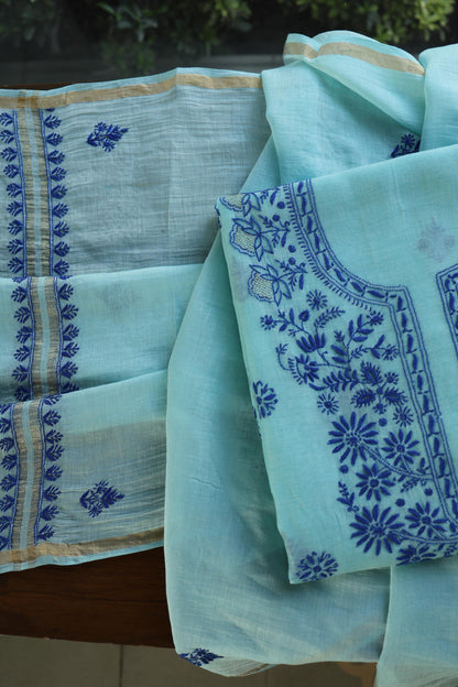 Blue Shade Mal Cotton Chikankari Unstitched Kurta Dupatta Fabric With Kamdani