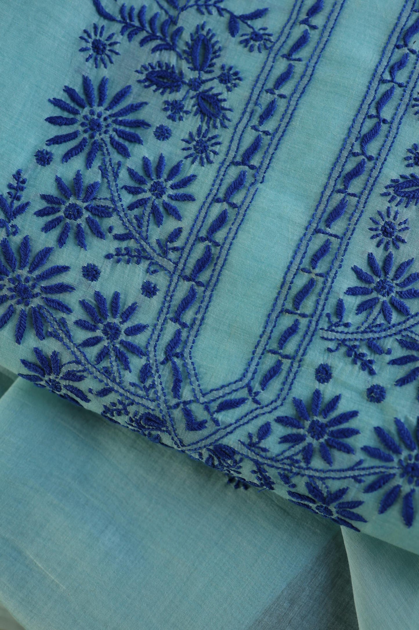 Blue Shade Mal Cotton Chikankari Unstitched Kurta Dupatta Fabric With Kamdani