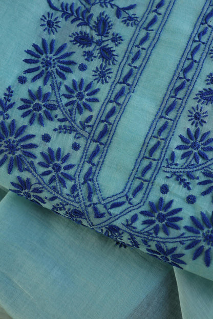 Blue Shade Mal Cotton Chikankari Unstitched Kurta Dupatta Fabric With Kamdani