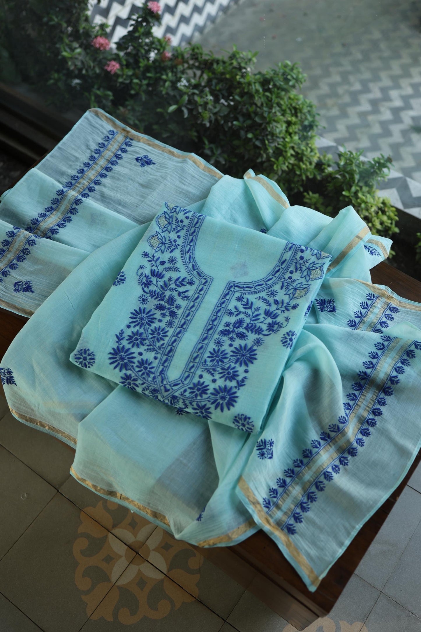Blue Shade Mal Cotton Chikankari Unstitched Kurta Dupatta Fabric With Kamdani