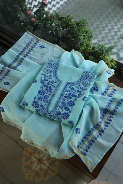 Blue Shade Mal Cotton Chikankari Unstitched Kurta Dupatta Fabric With Kamdani