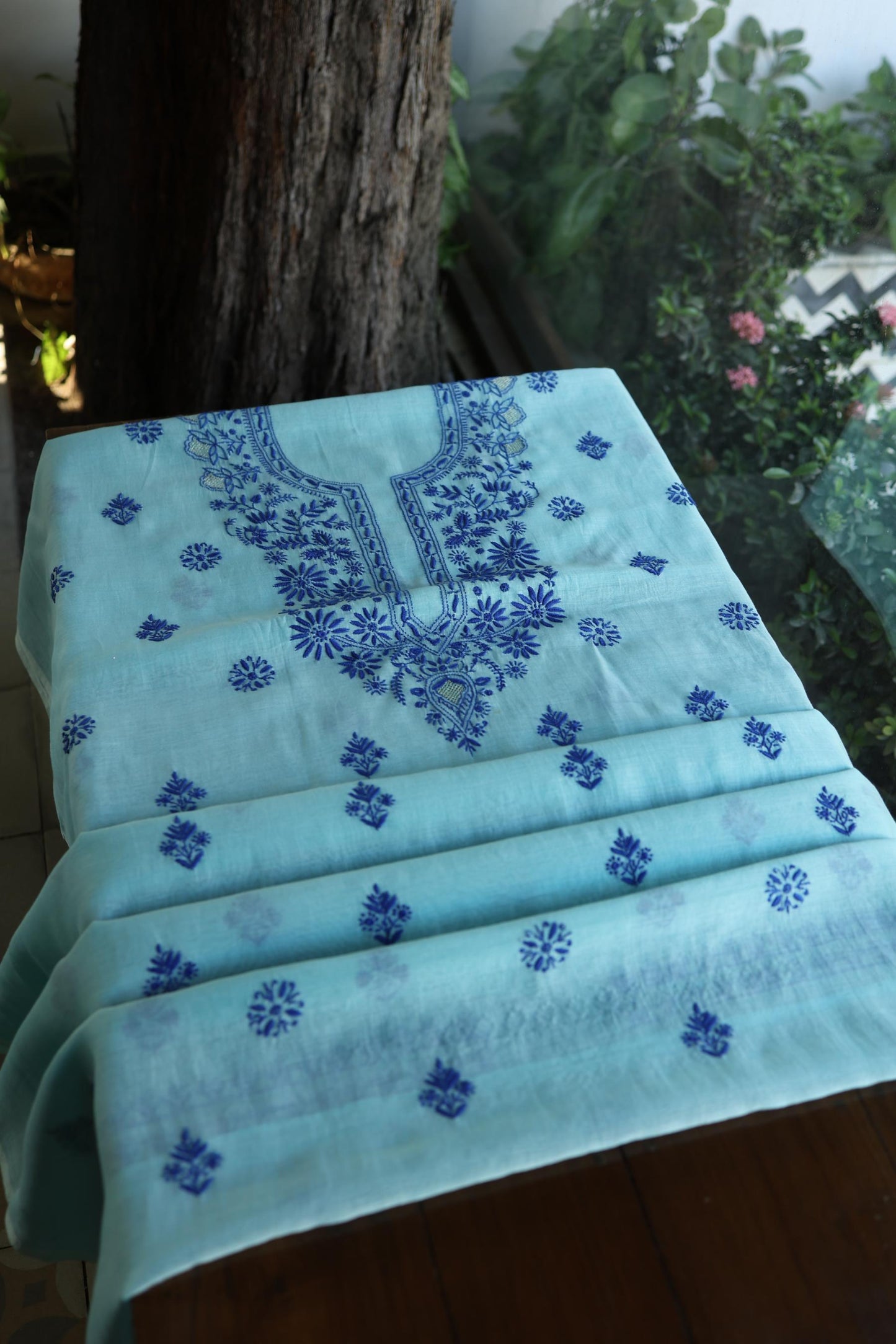 Blue Shade Mal Cotton Chikankari Unstitched Kurta Dupatta Fabric With Kamdani