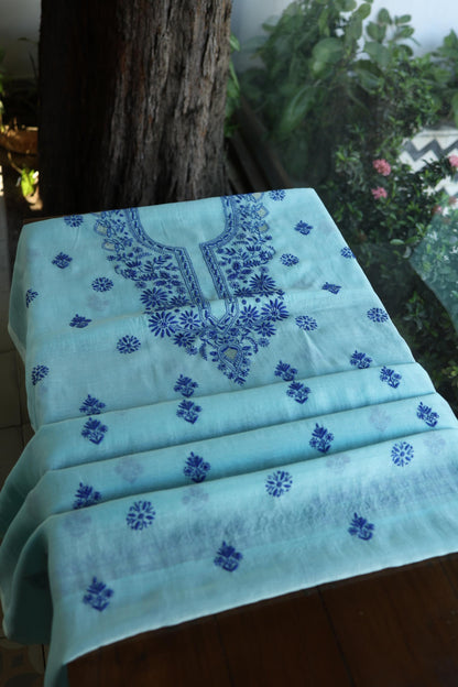 Blue Shade Mal Cotton Chikankari Unstitched Kurta Dupatta Fabric With Kamdani