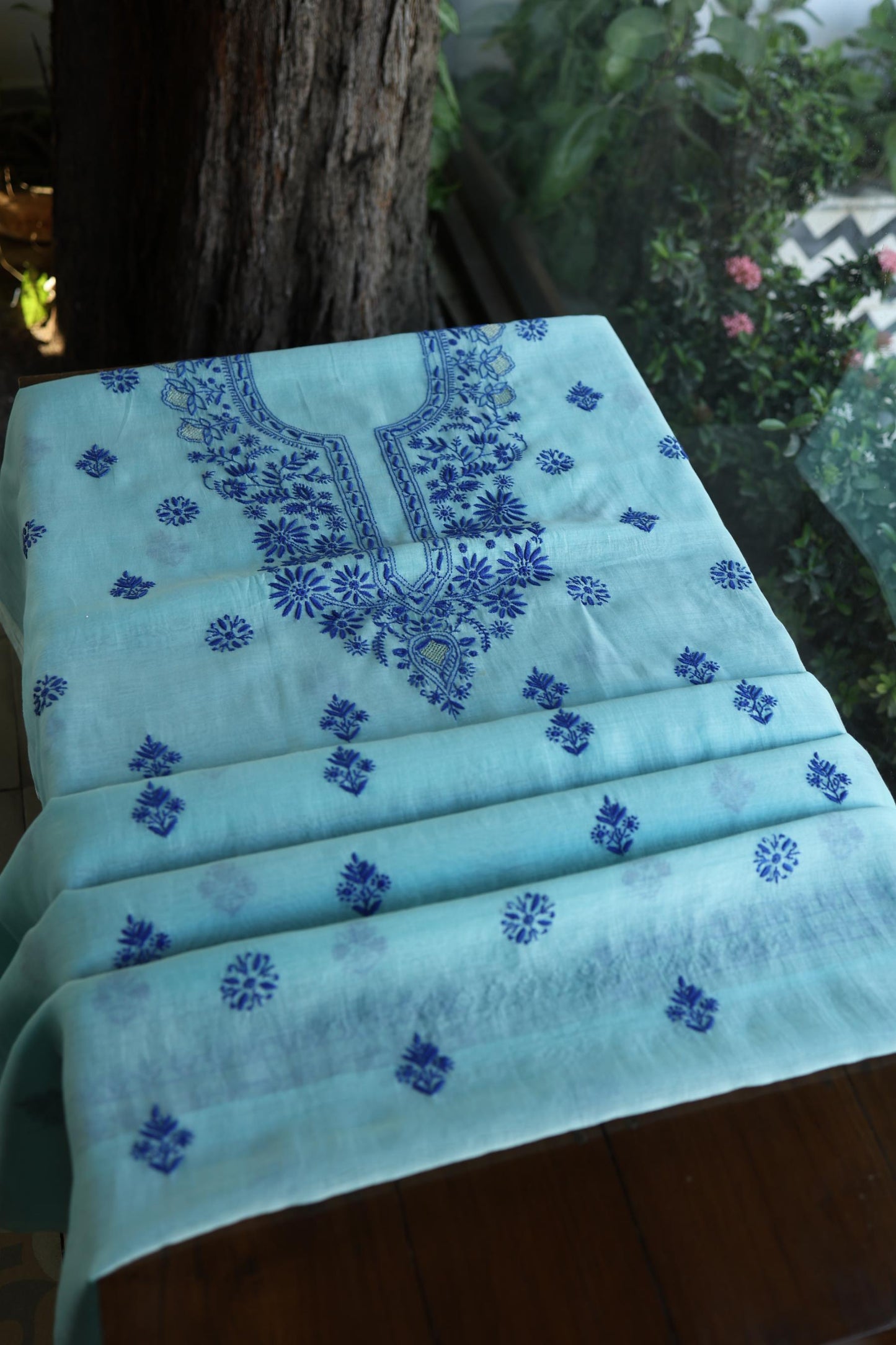 Blue Shade Mal Cotton Chikankari Unstitched Kurta Dupatta Fabric With Kamdani