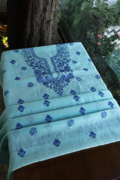 Blue Shade Mal Cotton Chikankari Unstitched Kurta Dupatta Fabric With Kamdani