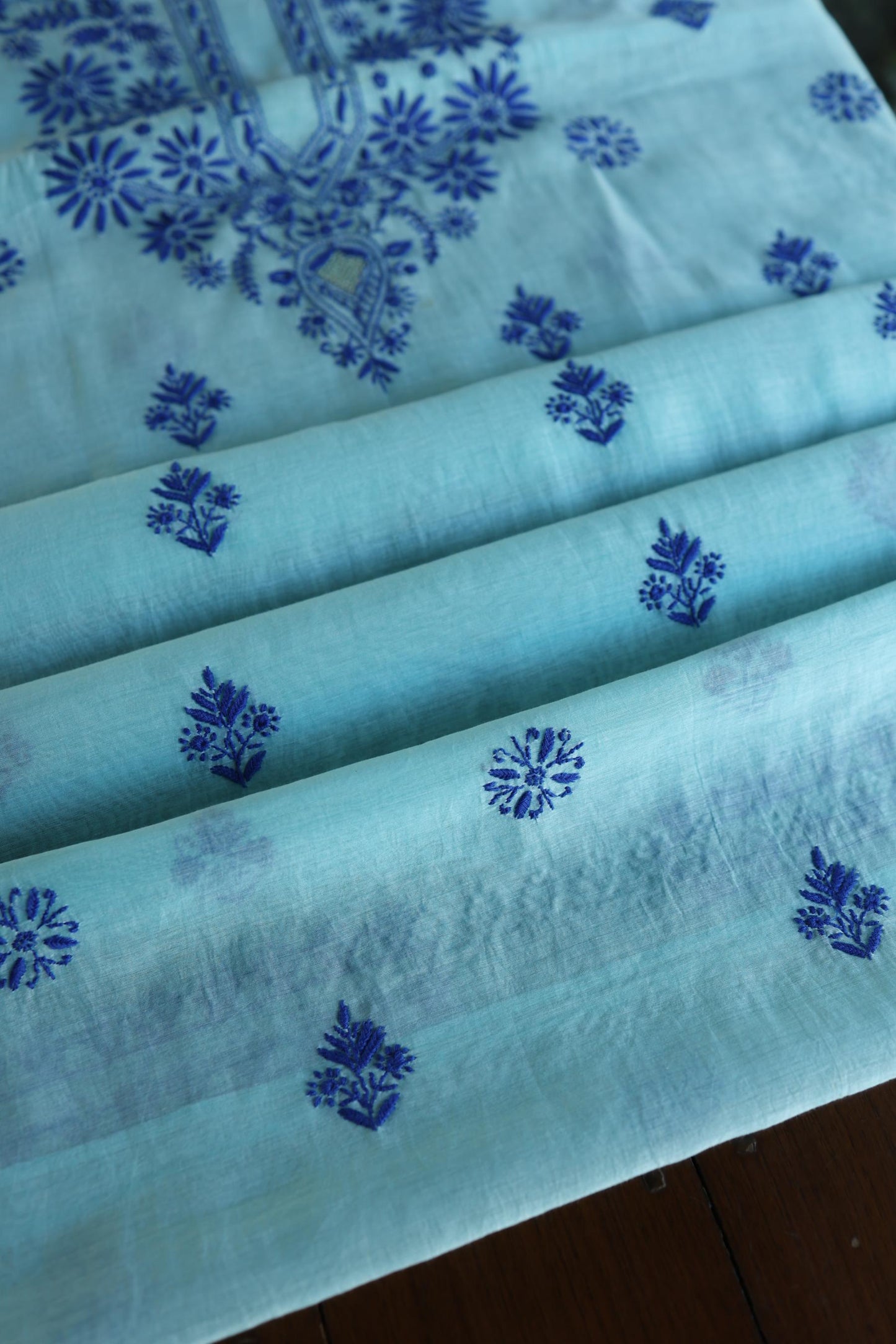 Blue Shade Mal Cotton Chikankari Unstitched Kurta Dupatta Fabric With Kamdani