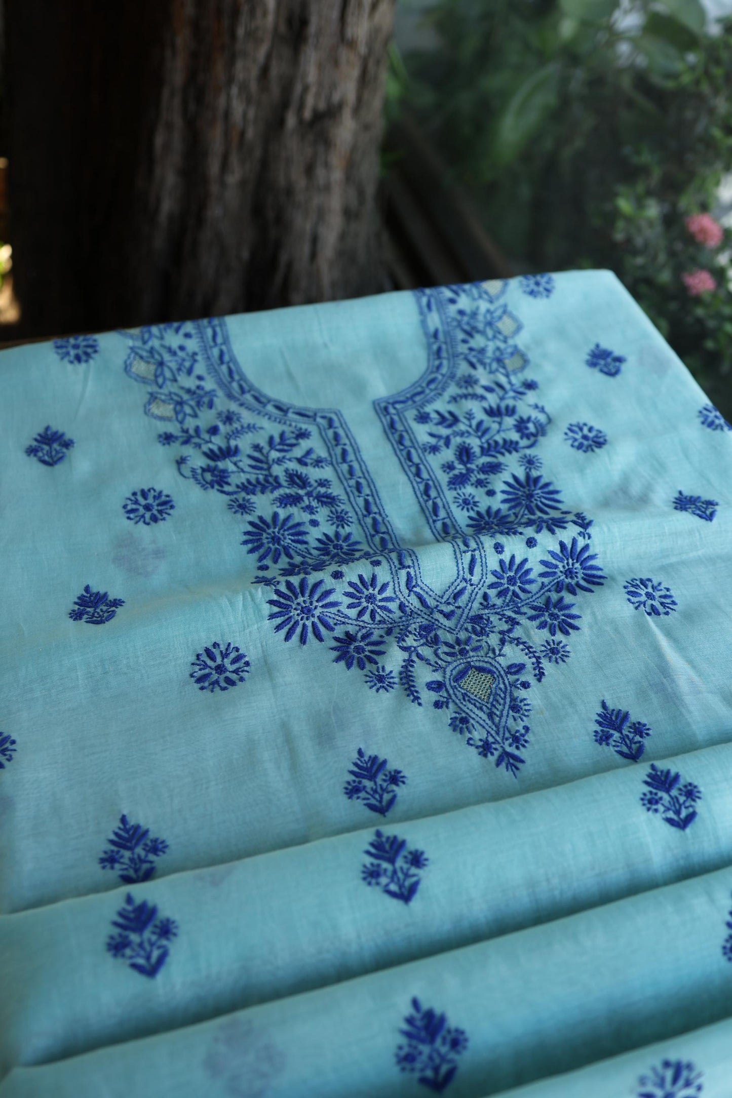 Blue Shade Mal Cotton Chikankari Unstitched Kurta Dupatta Fabric With Kamdani