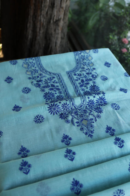 Blue Shade Mal Cotton Chikankari Unstitched Kurta Dupatta Fabric With Kamdani