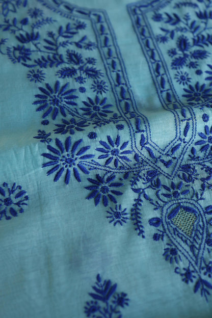 Blue Shade Mal Cotton Chikankari Unstitched Kurta Dupatta Fabric With Kamdani