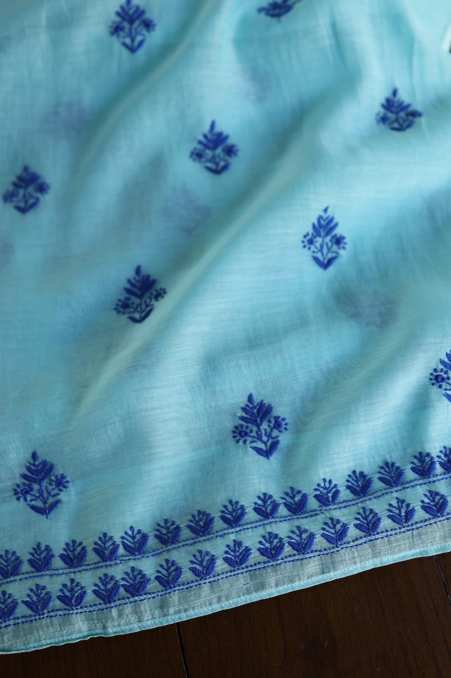 Blue Shade Mal Cotton Chikankari Unstitched Kurta Dupatta Fabric With Kamdani