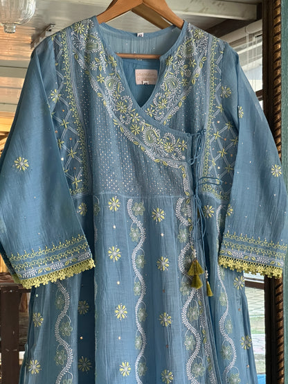 Blue Shade Malmal Mukaish Kamdani Chikankari Kalidar Angarkha