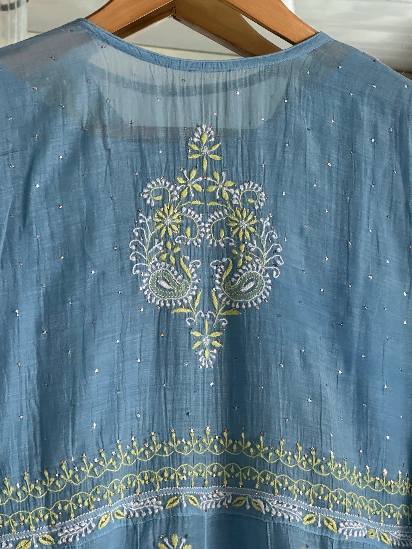 Blue Shade Malmal Mukaish Kamdani Chikankari Kalidar Angarkha