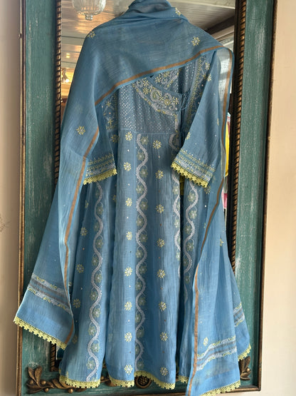Blue Shade Malmal Mukaish Kamdani Chikankari Kalidar Angarkha