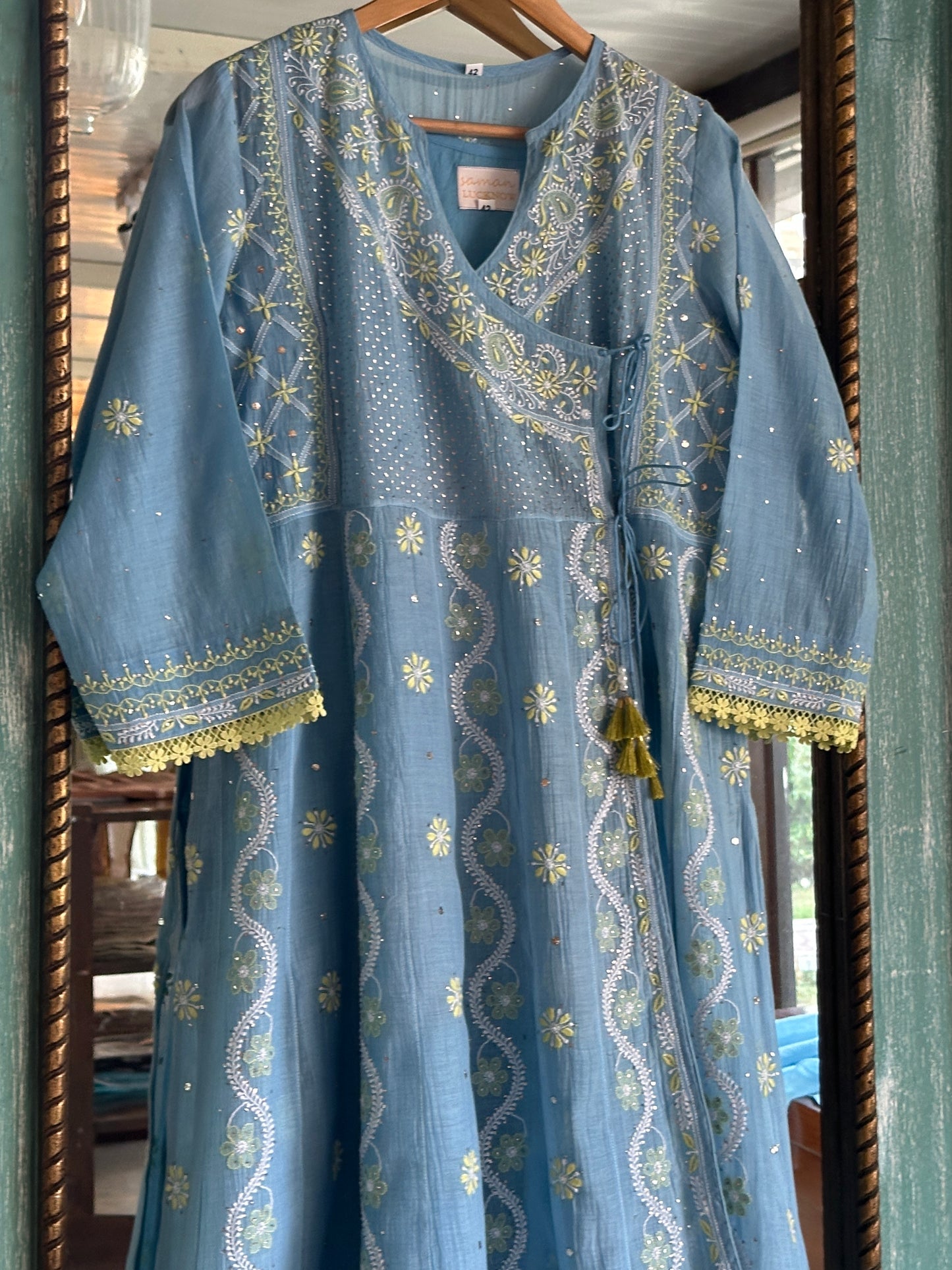 Blue Shade Malmal Mukaish Kamdani Chikankari Kalidar Angarkha