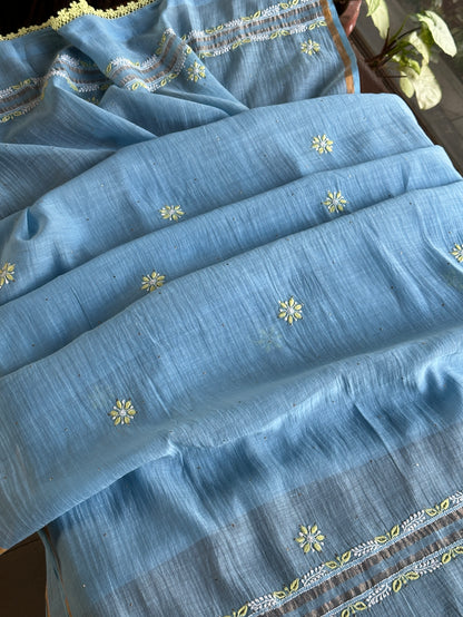 Blue Shade Malmal Mukaish Kamdani Chikankari Kalidar Angarkha