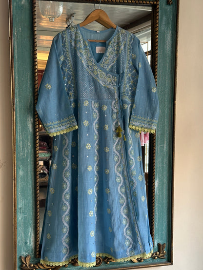 Blue Shade Malmal Mukaish Kamdani Chikankari Kalidar Angarkha