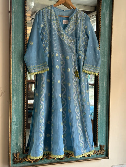 Blue Shade Malmal Mukaish Kamdani Chikankari Kalidar Angarkha